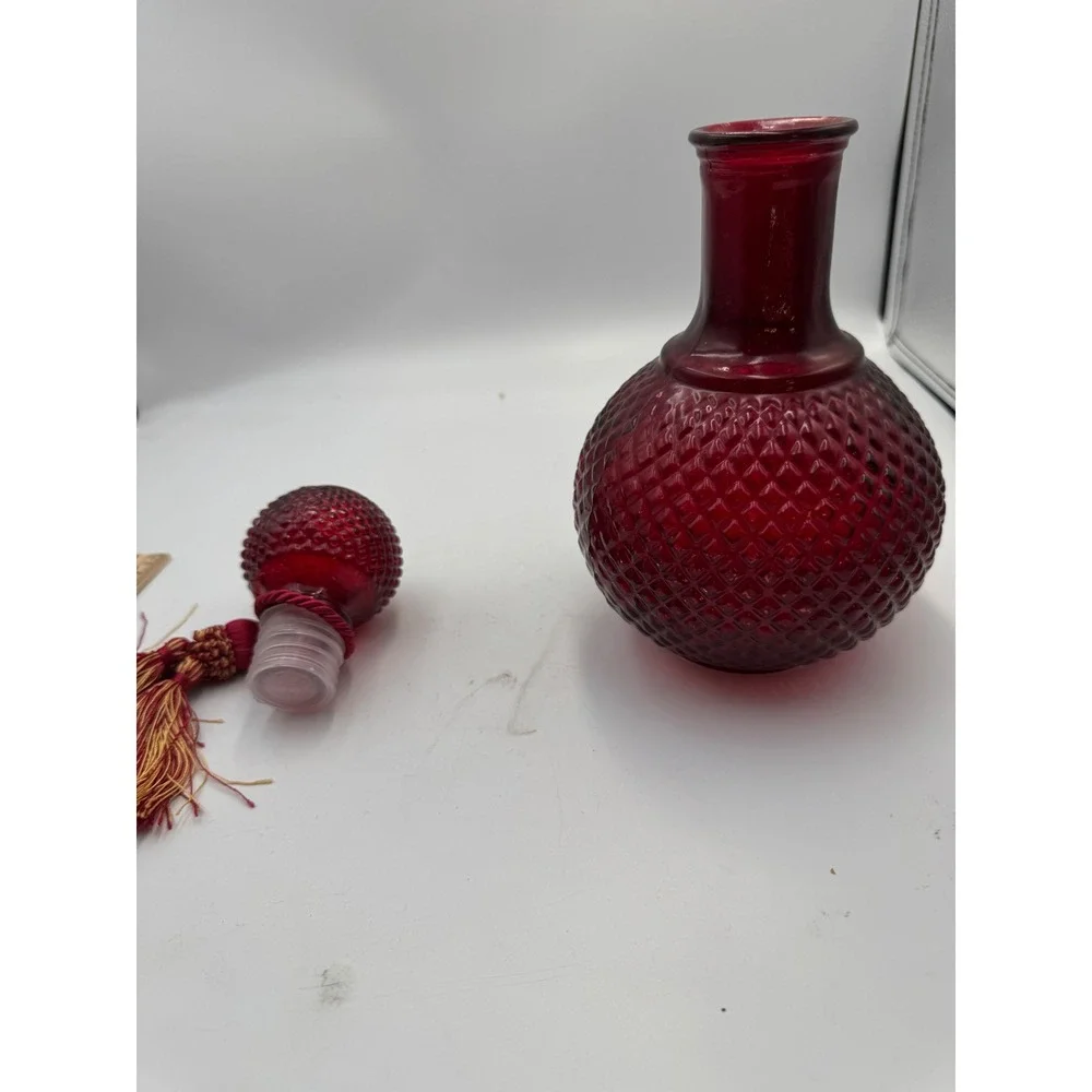 Vintage Ruby Red Diamond Point Glass Decanter with Stopper and Tassel Accent